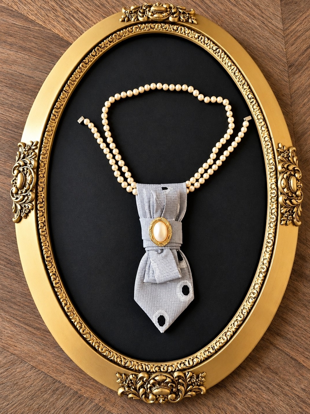 Dior Cream Pearl Necklace with Gray Polka Dot Bow Tie Pendant